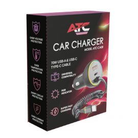 ATC-CA08 Φορτιστής Αυτοκινήτου με 2 Θύρες USB-A & Type-C και Καλώδιο Type-C 70W 