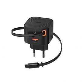 XO L165 Φορτιστής Ταχείας Φόρτισης με  Ανασυρόμενο Καλώδιο Type-C & 1 Θύρα USB-A EU 20W