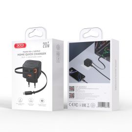 XO L165 Φορτιστής Ταχείας Φόρτισης με  Ανασυρόμενο Καλώδιο Type-C & 1 Θύρα USB-A EU 20W
